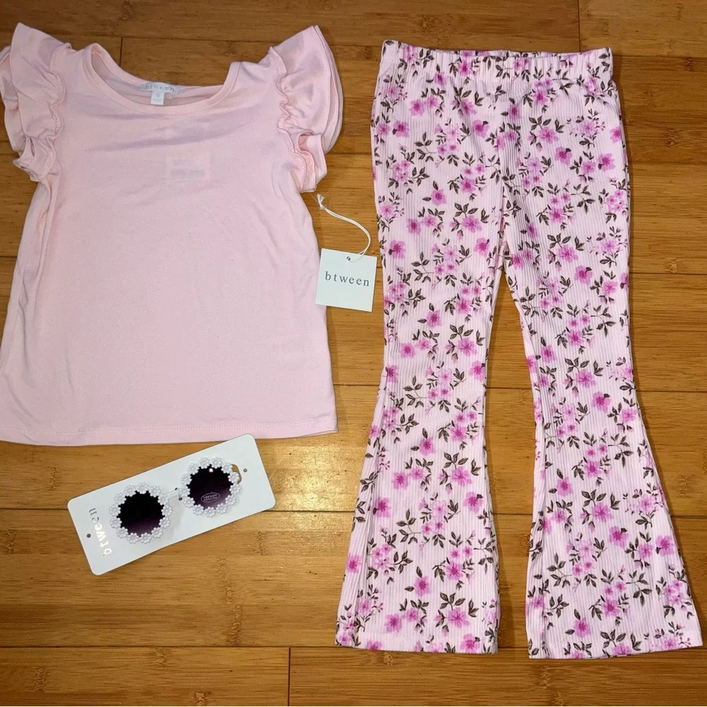 NWT Girls Size 7 Pink Outfit - Flutter Sleeve Top Shirt & Flower Flare Pants Set - Picture 2 of 2